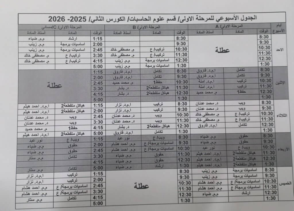 الجدول الاسبوعي المرحلة الاولى