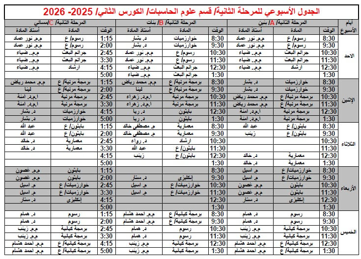 الجدول الاسبوعي المرحلة الثانية