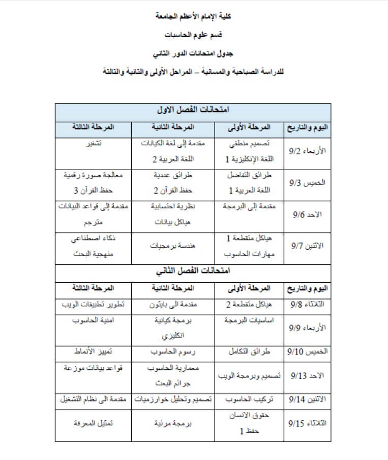 جدول الامتحانات الدور الثاني